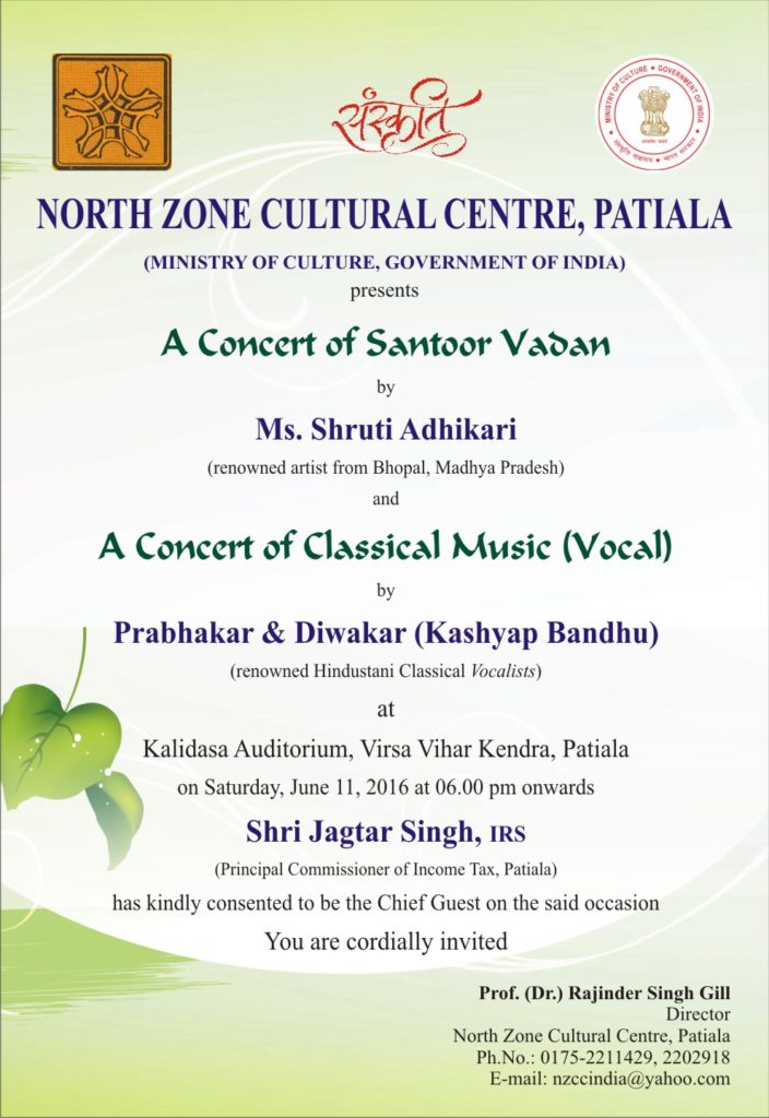 NZCC - Invitation - Concerts of Santoor Vadan and Classical Music (Vocal)