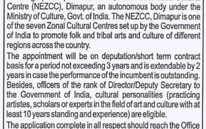 Appointment for the post of Director, NEZCC, Dimapur