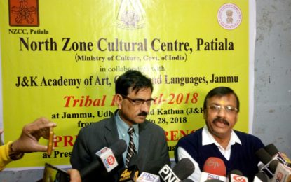 Prof.Saubhagya Vardhan,Director North Zone Cultural Centre Patiala addressing a Press Conference of Tribal festival which is going to be held from February 25 to 28 , 2018 at Jammu Udhampur and kathua.