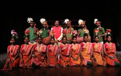 Prof. Saubhagya Vardhan Director, NZCC, Patiala appreciating artists for their performances during Tribal Festival-2018 organised by NZCC, patiala at Jammu.