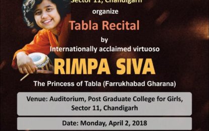Tabla Recital by ‘ Rimpa Siva’ at PGCG, Sector 11, Chandigarh to be organised by NZCC