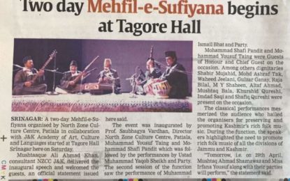 Press clippings of Mehfil-e-Sufiyana programme organised by NZCC at Srinagar on 28th April, 2018.