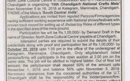 Auction Notice – Jhullas/Joy Rides – 10th Chandigarh National Crafts Mela at Kalagram, Chandigarh from November 9 to 18, 2018