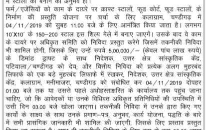 Short Term Tender Notice for Craft Stalls during 11th Chandigarh National Crafts Mela to be organised by NZCC from November 15 to 24, 2019 at Kalagram, Chandigarh