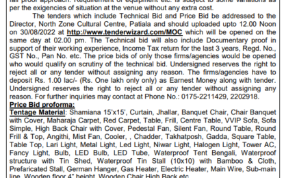 Tender Hiring of seating arrangements, tentage material etc.