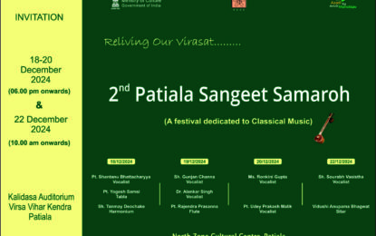2nd Edition of Patiala Sangeet Samaroh from 18-20 & 22 Dec, 2024 at Kalidasa Auditorium, Patiala